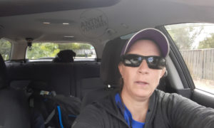 A picture taken looking down a station wagon. Antnz is in the drivers seat looking pensive. In the back seat is a black backpack. In the boot ADNZ Rave is looking towards the front of the vehicle