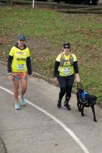 Antnz wearing a bright yellow t-shirt and black cap, black tights and grey shorts, with ADNZ Raven. ADNZ Raven is wearing her blue harness and there is tension on her short lead. To the left of Antnz is Wendy, also in a yellow t-shirt, blue cap and a running skirt,