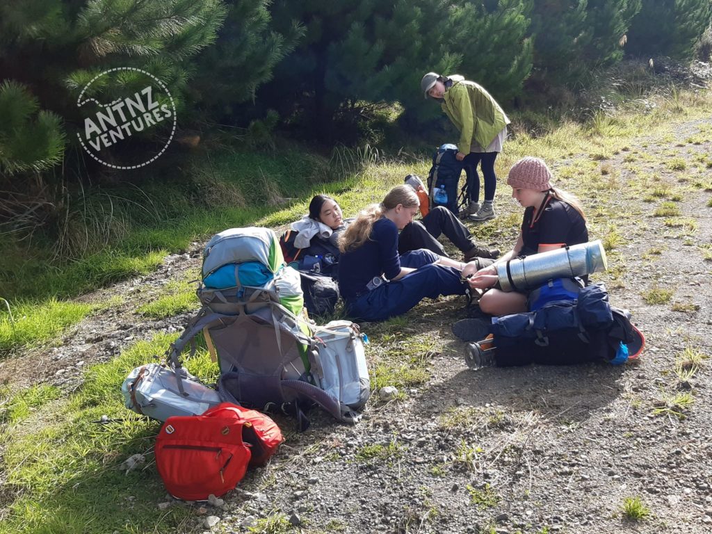 3 young women sit on the ground with their backpacks, one young woman is reaching into her pack. In the left foreground is an Aarn pack and a set of red, dog-sized saddle-bags