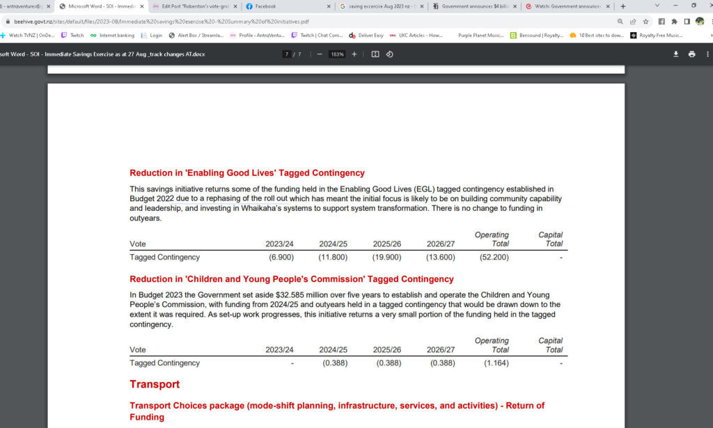 Screen shot from beehive.govt.nz page. It reads at the top in bold red lettering "Reduction in "Enabling Good Lives" Tagged Contingency