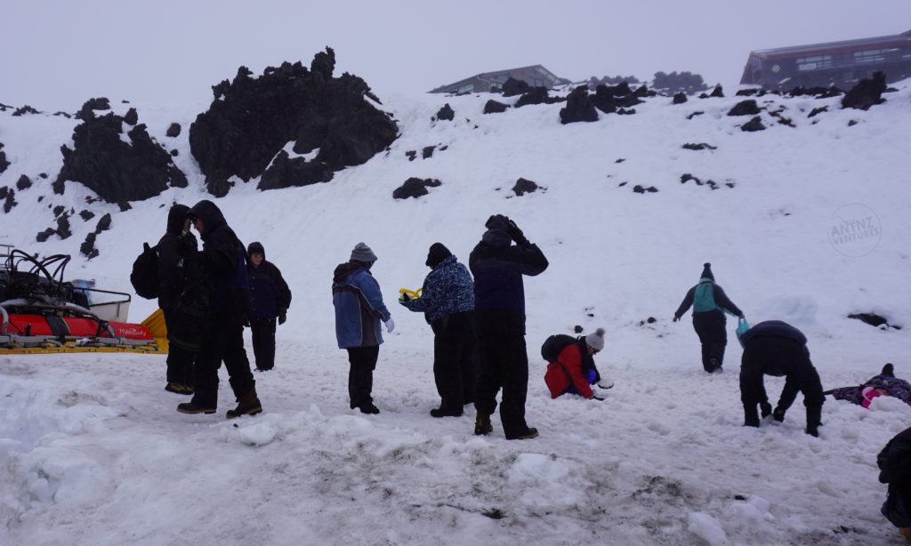 a group of people playing in snow, one person is lying in the snow with their arms spread, others are scooping snow, and generally milling around