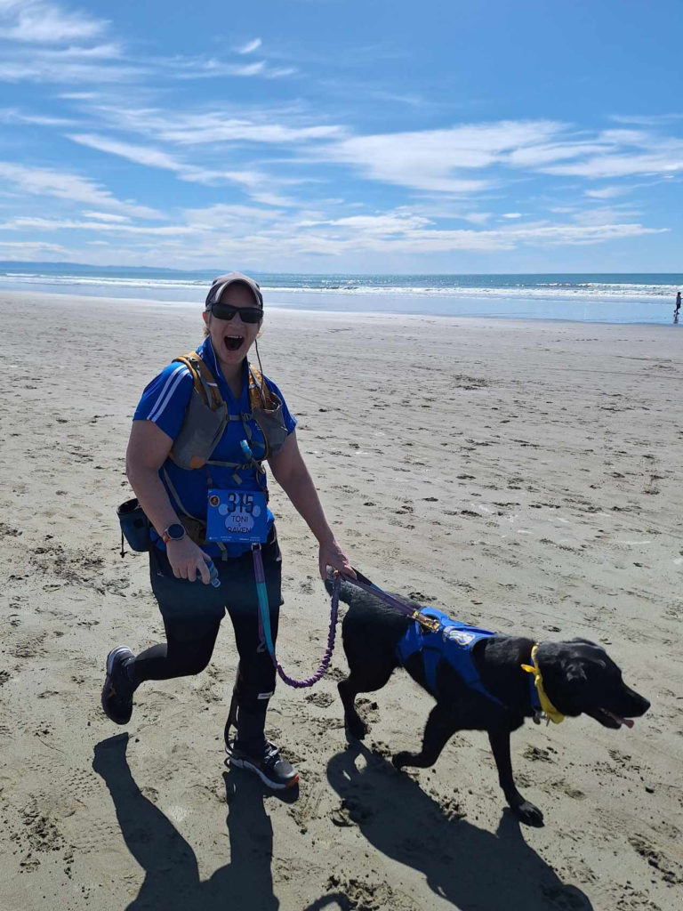 Antnz and Raven are walking along a beach. In the background is the sea out to the horizon. Antnz is pulling an excited expression, Raven is on a short lead, concentrating, walking and wagging her tail.